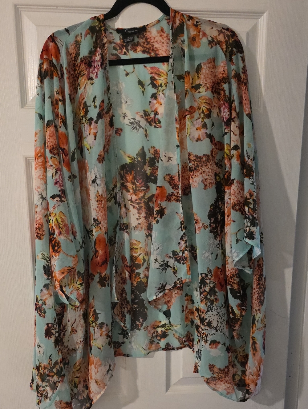 Cejon Floral Sheer Kimono in Aqua and Peach Tones